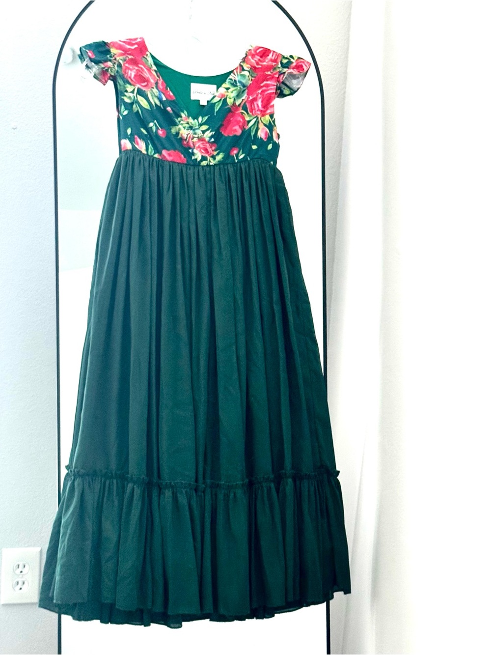Girls Festive Holiday Whimsical Forest Green Floral Chiffon Maxi Dress, Sz 8